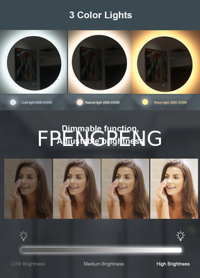 Three color LED intelligent bathroom mirror with defogging and dimmable aluminum frame glass mirror